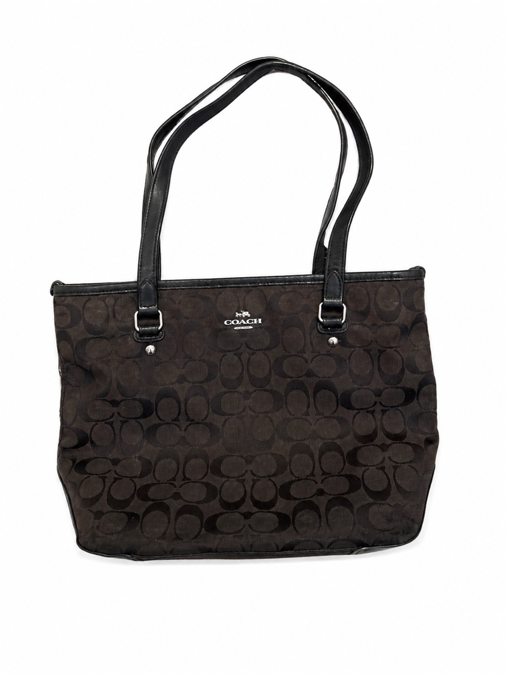 Coach Signature Jacquard Tote Bag Brown & Black Shoulder Purse Leather Trim